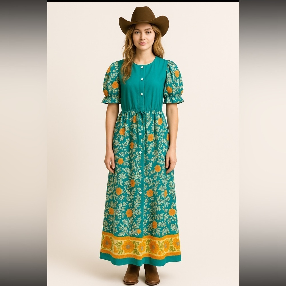 Vintage 1960s floral drawstring button front Maxi Sundress flower power‎ hippie